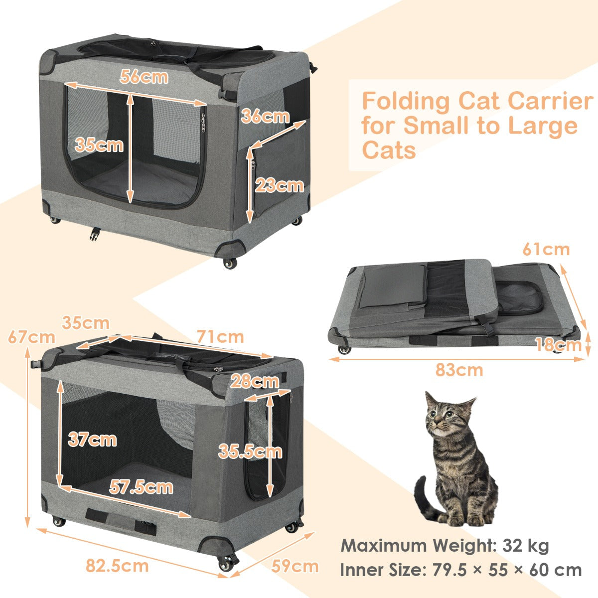 NNECW Large Foldable Cat Racing Cage with Shoulder Strap & Removable Cushion-L-3