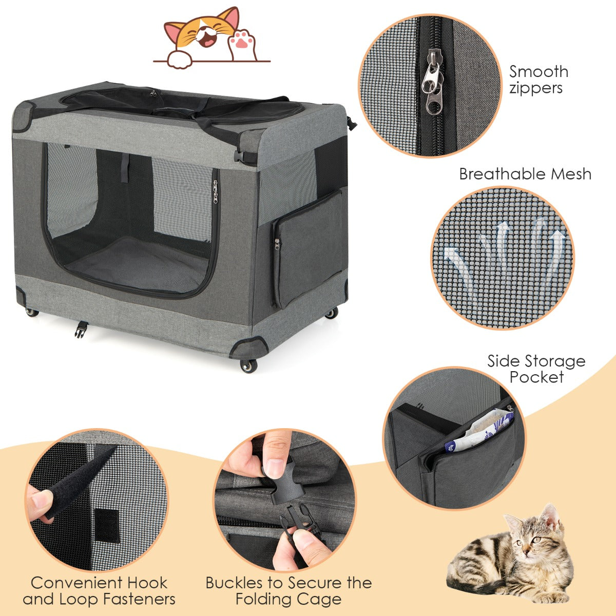 NNECW Large Foldable Cat Racing Cage with Shoulder Strap & Removable Cushion-L-4